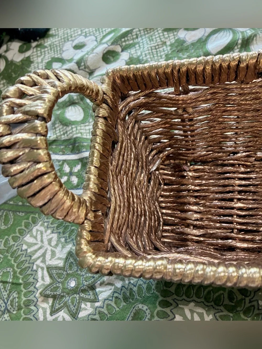 Metallic Gold Woven Abaca Rope Basket, Late 20th Century Rectangle with Handles.